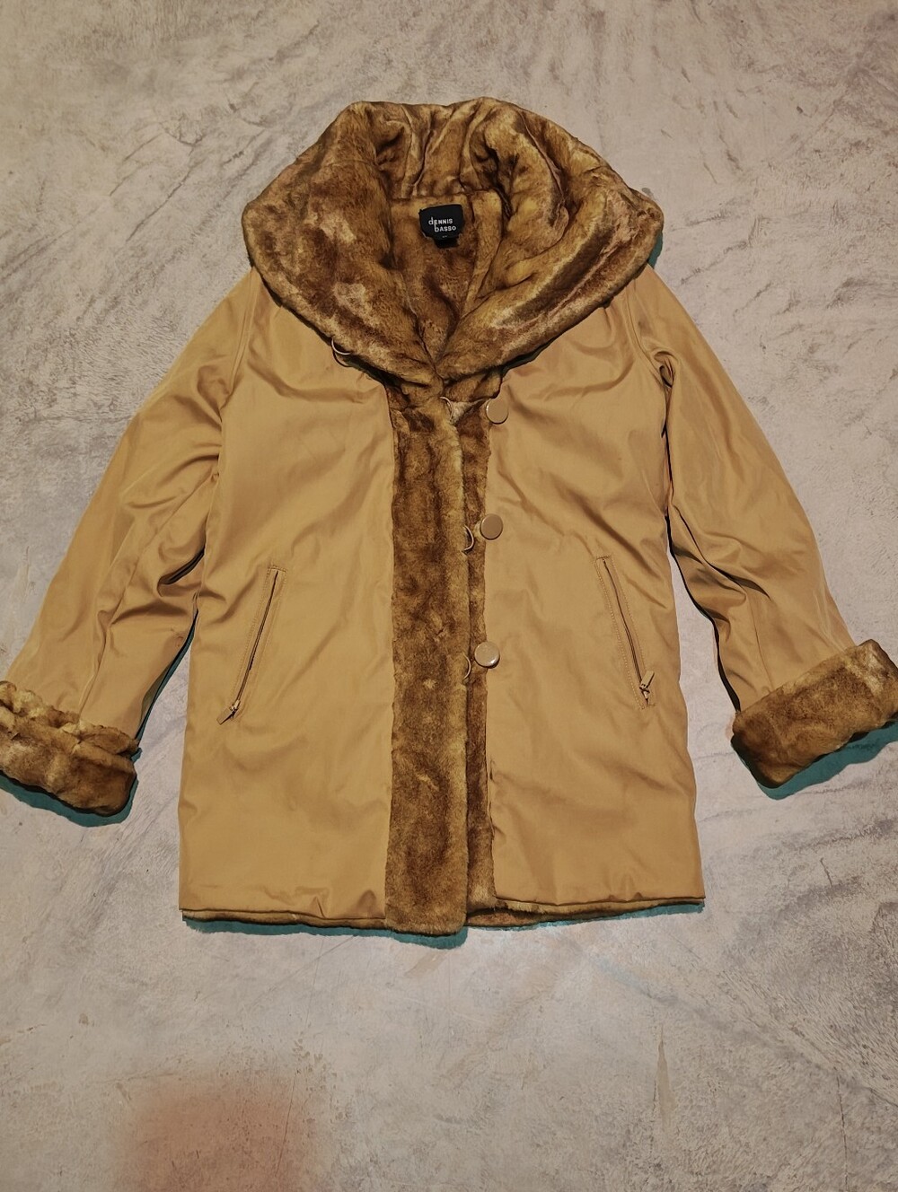 Dennis Basso Tan Coat with Faux Fur Collar